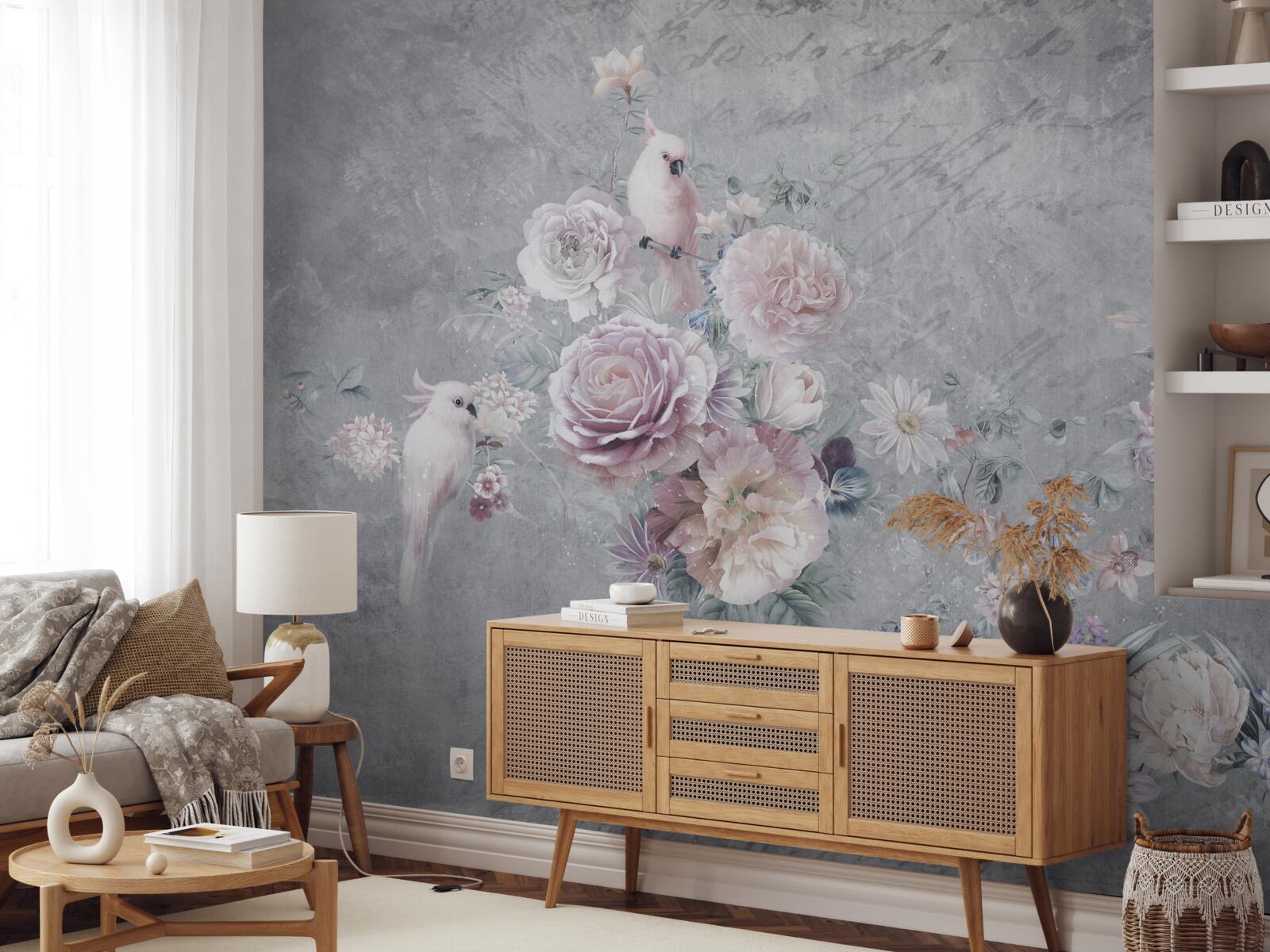 Fototapet buchet completat de compoziții de papagali