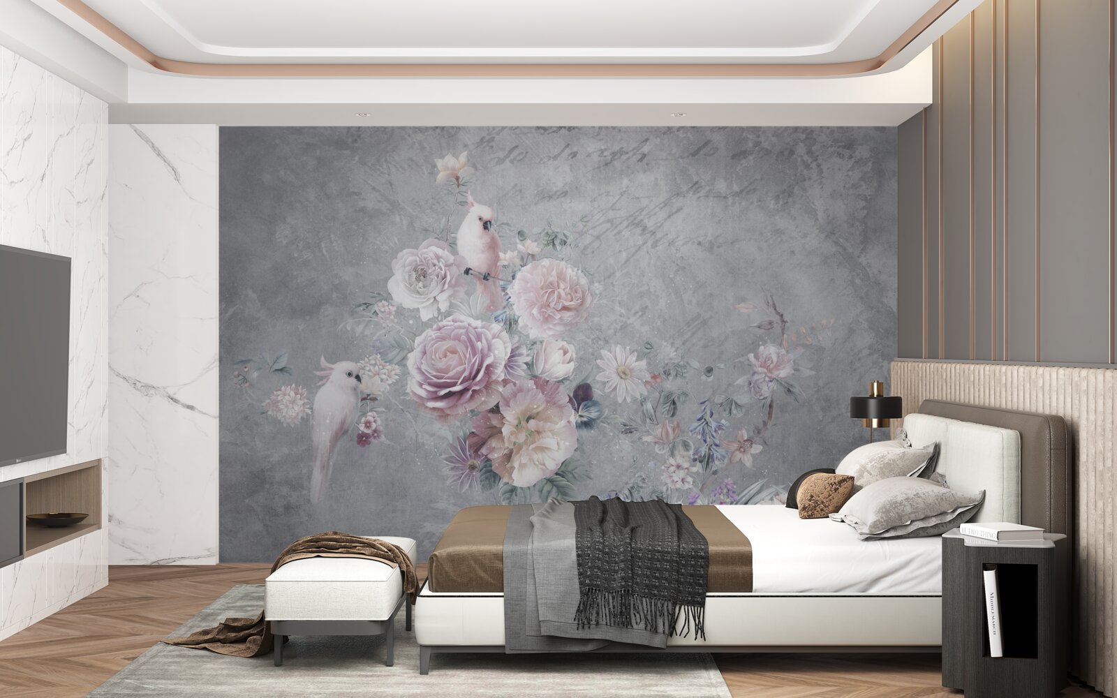 Fototapet buchet completat de compoziții de papagali