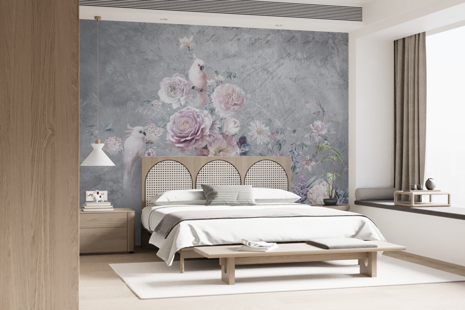 Fototapet buchet completat de compoziții de papagali