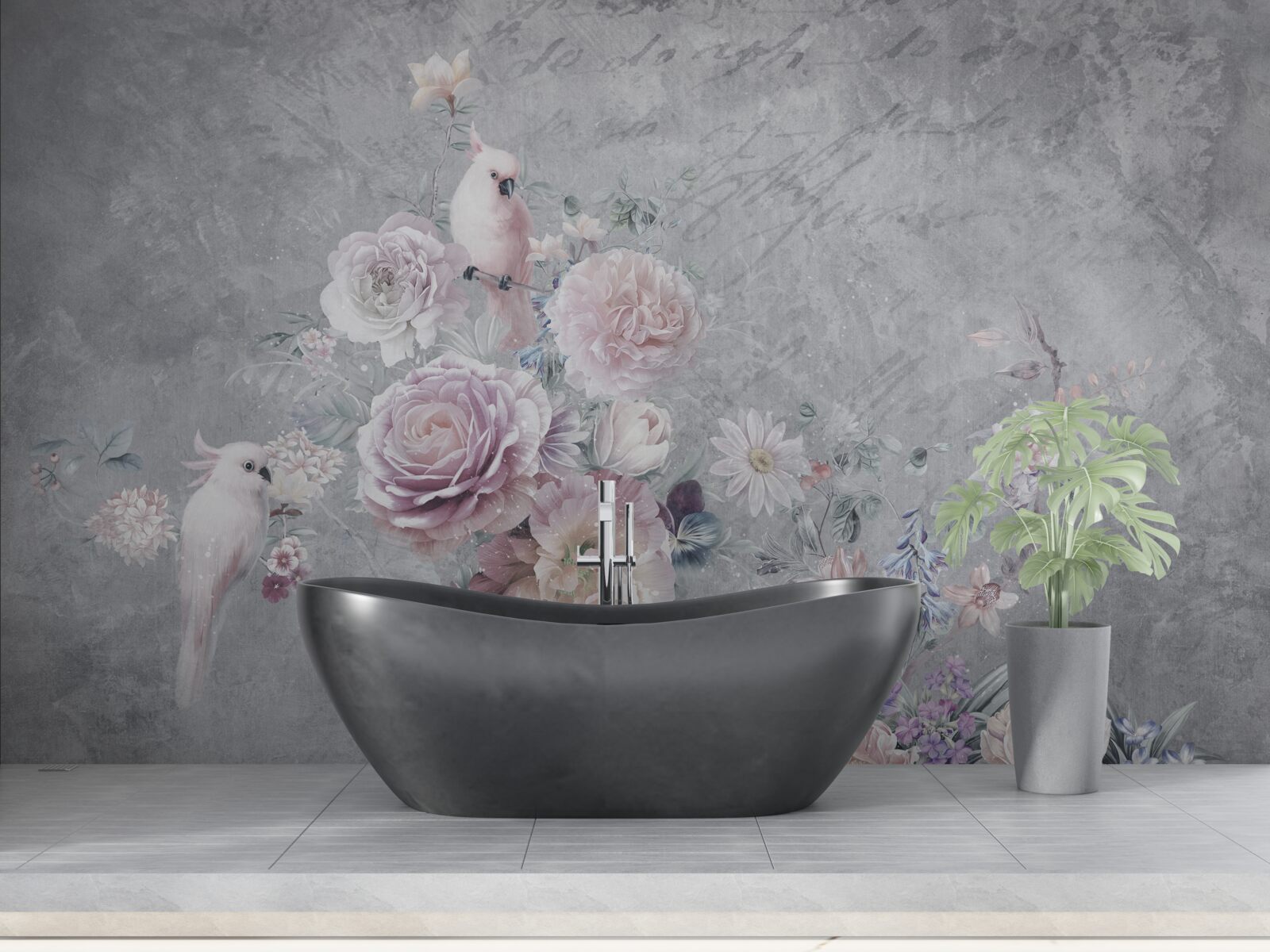 Fototapet buchet completat de compoziții de papagali