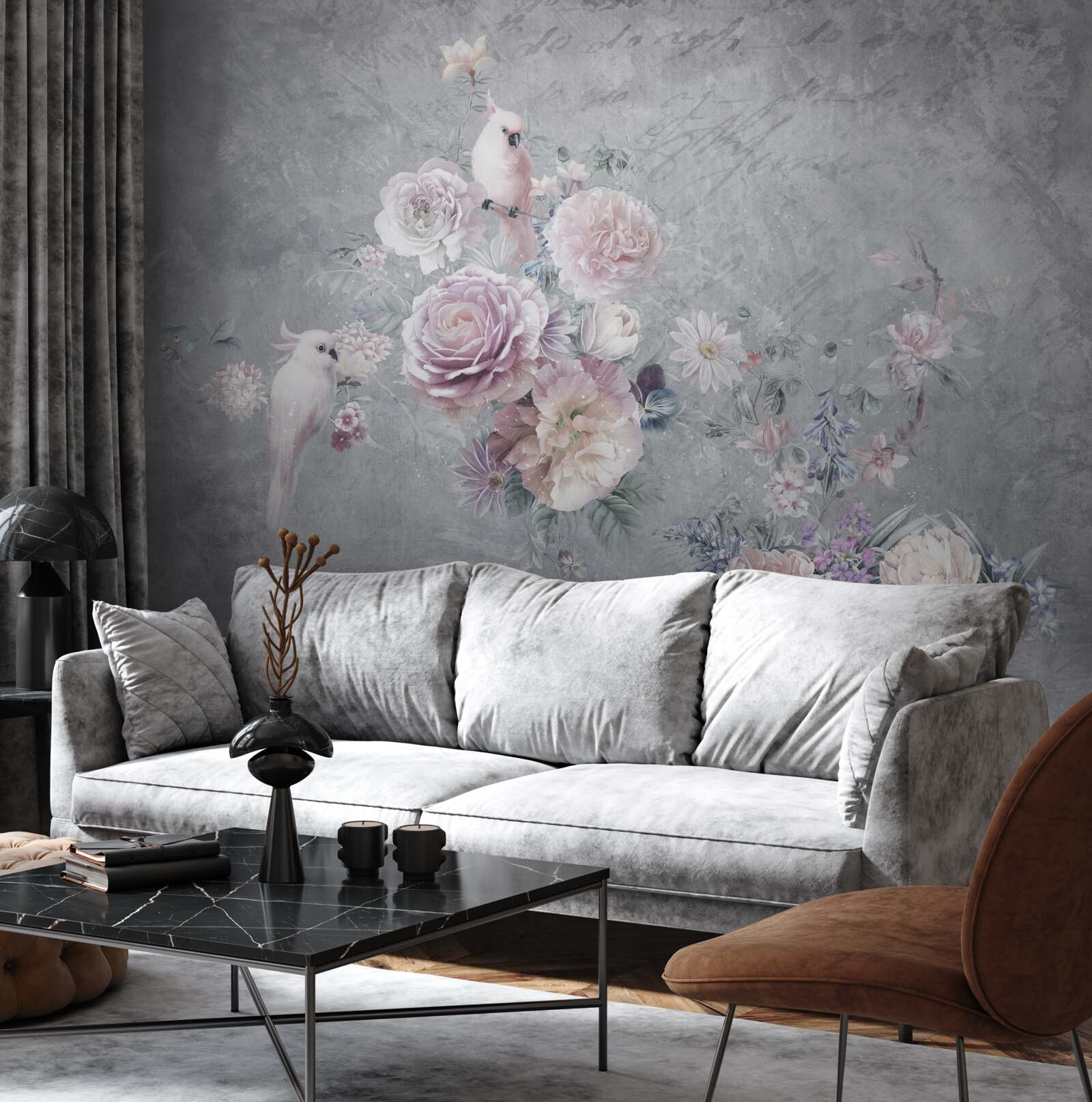 Fototapet buchet completat de compoziții de papagali