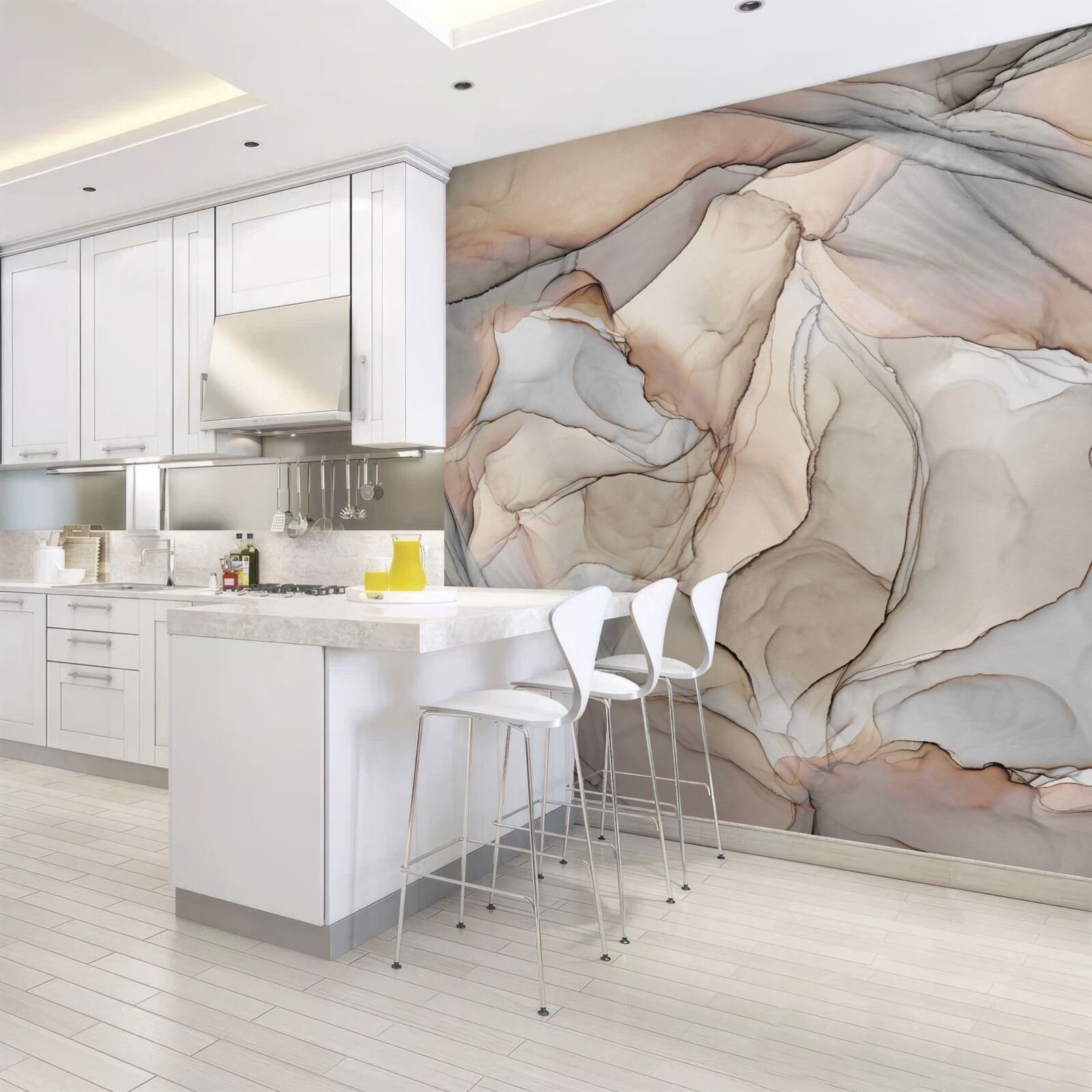 Fototapet modele roz și albastru pe marmură crem