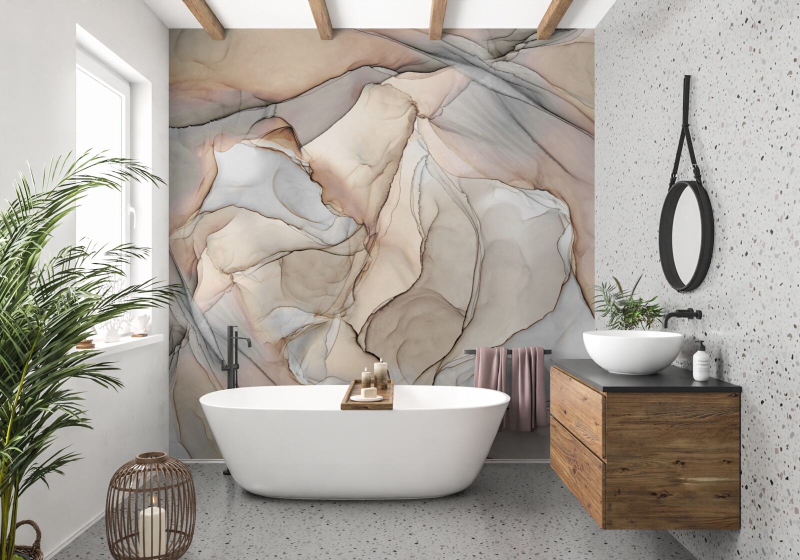 Fototapet modele roz și albastru pe marmură crem