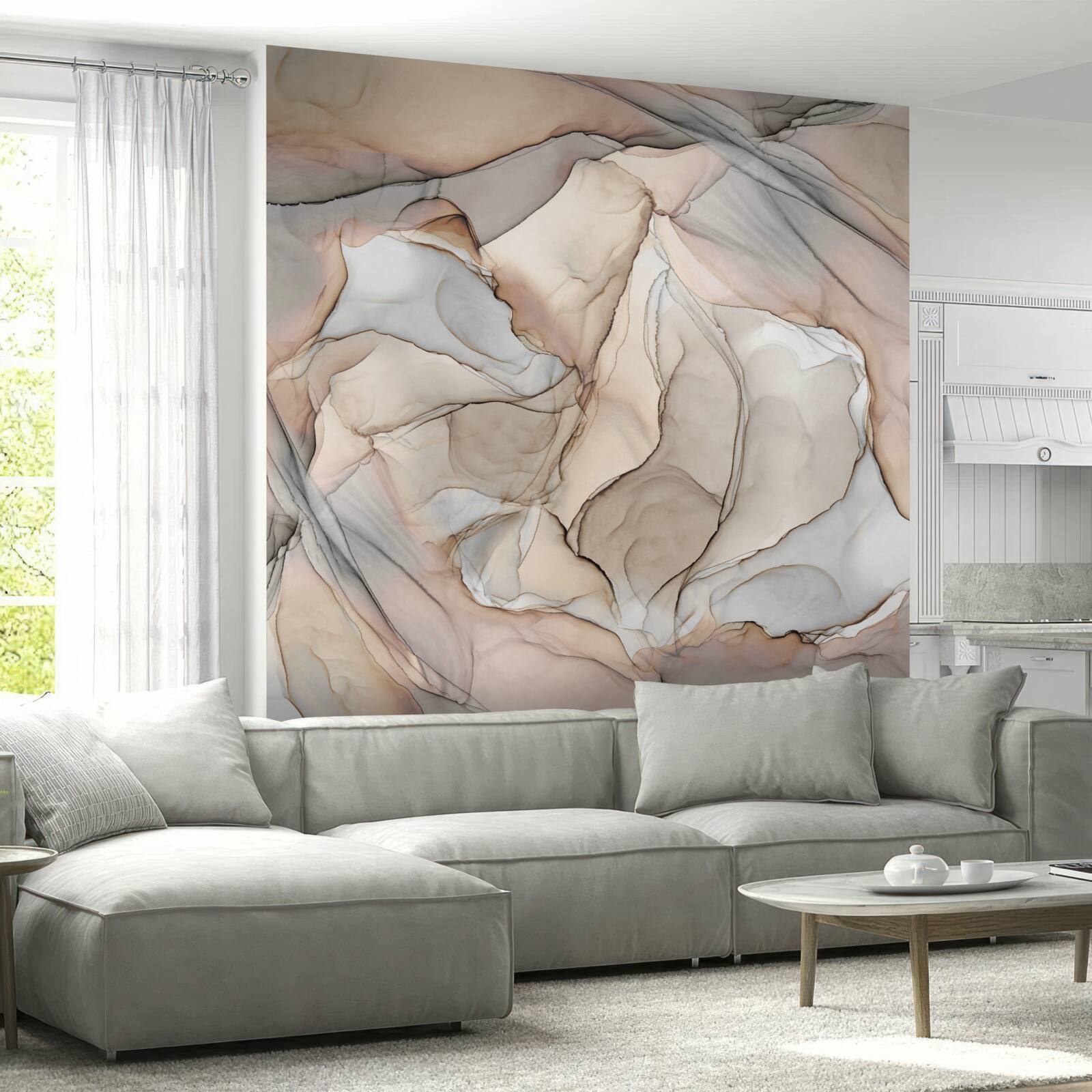 Fototapet modele roz și albastru pe marmură crem