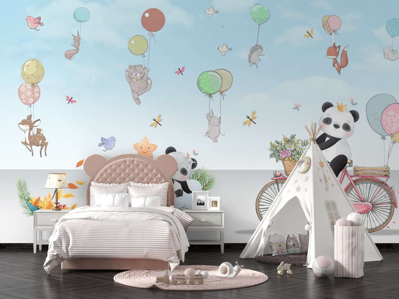 Fototapet baloane cu pandas și alte animale