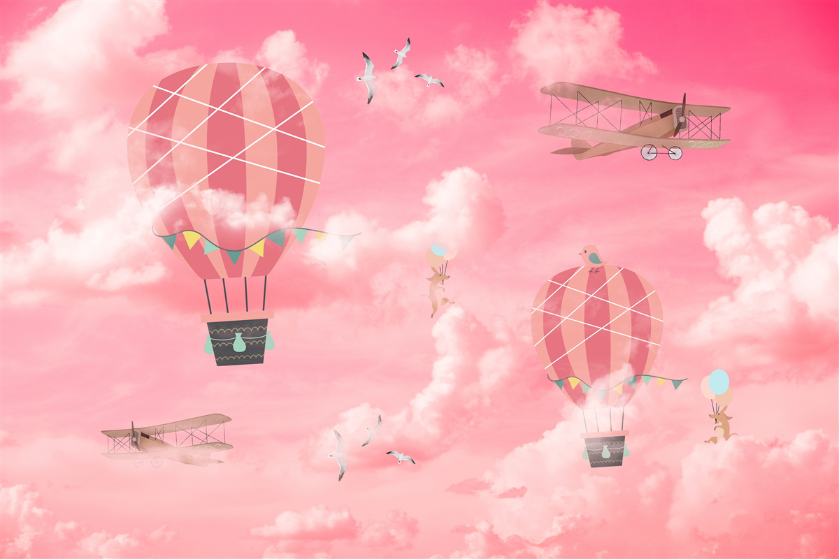 Fototapet sfere de aer pe un cer roz la apus de soare