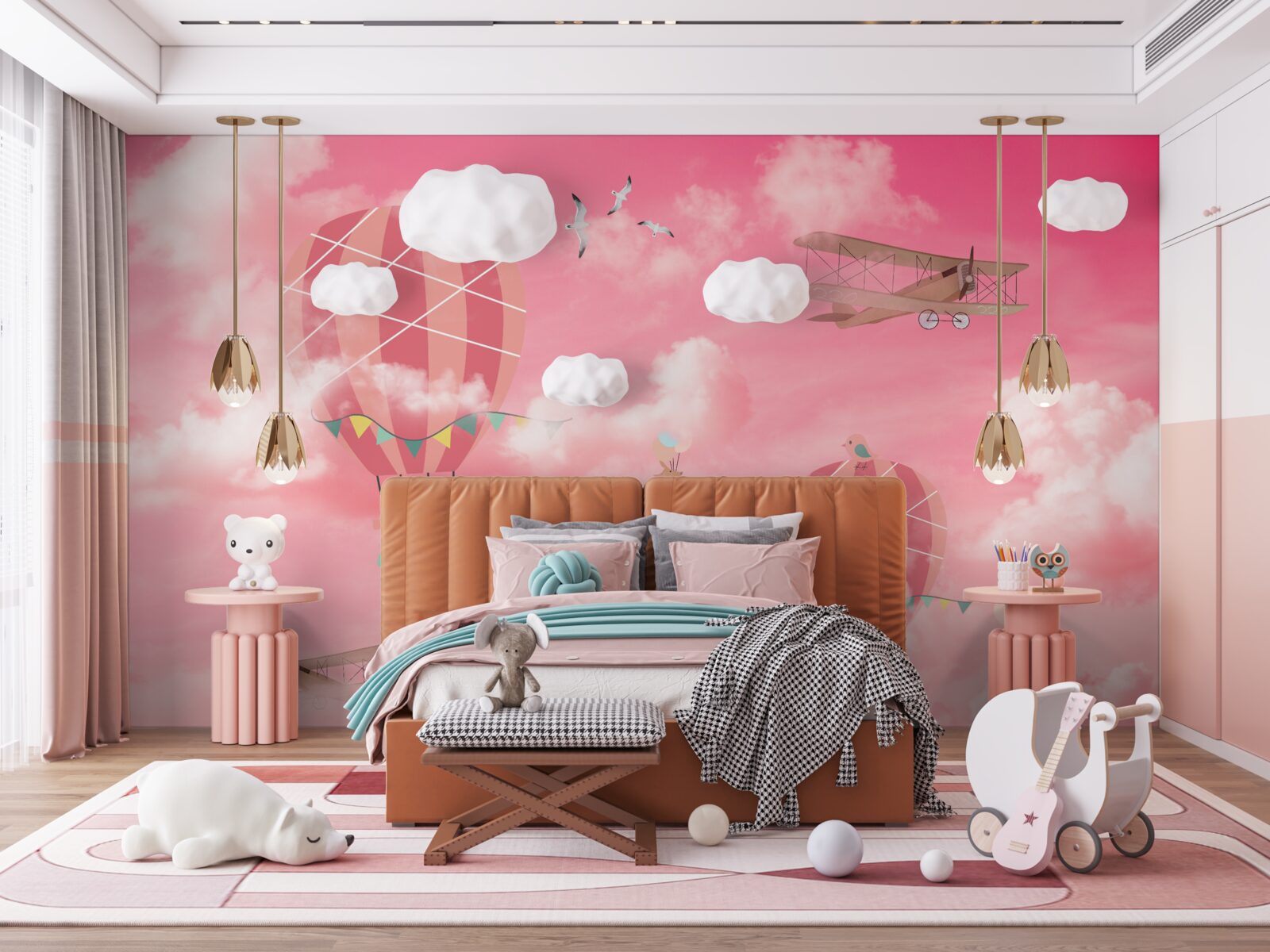 Fototapet sfere de aer pe un cer roz la apus de soare