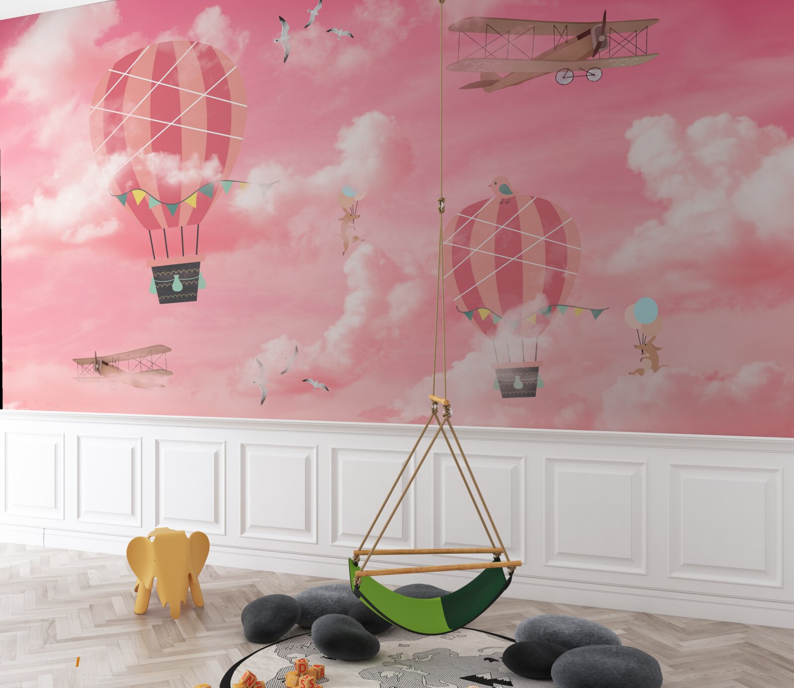 Fototapet sfere de aer pe un cer roz la apus de soare