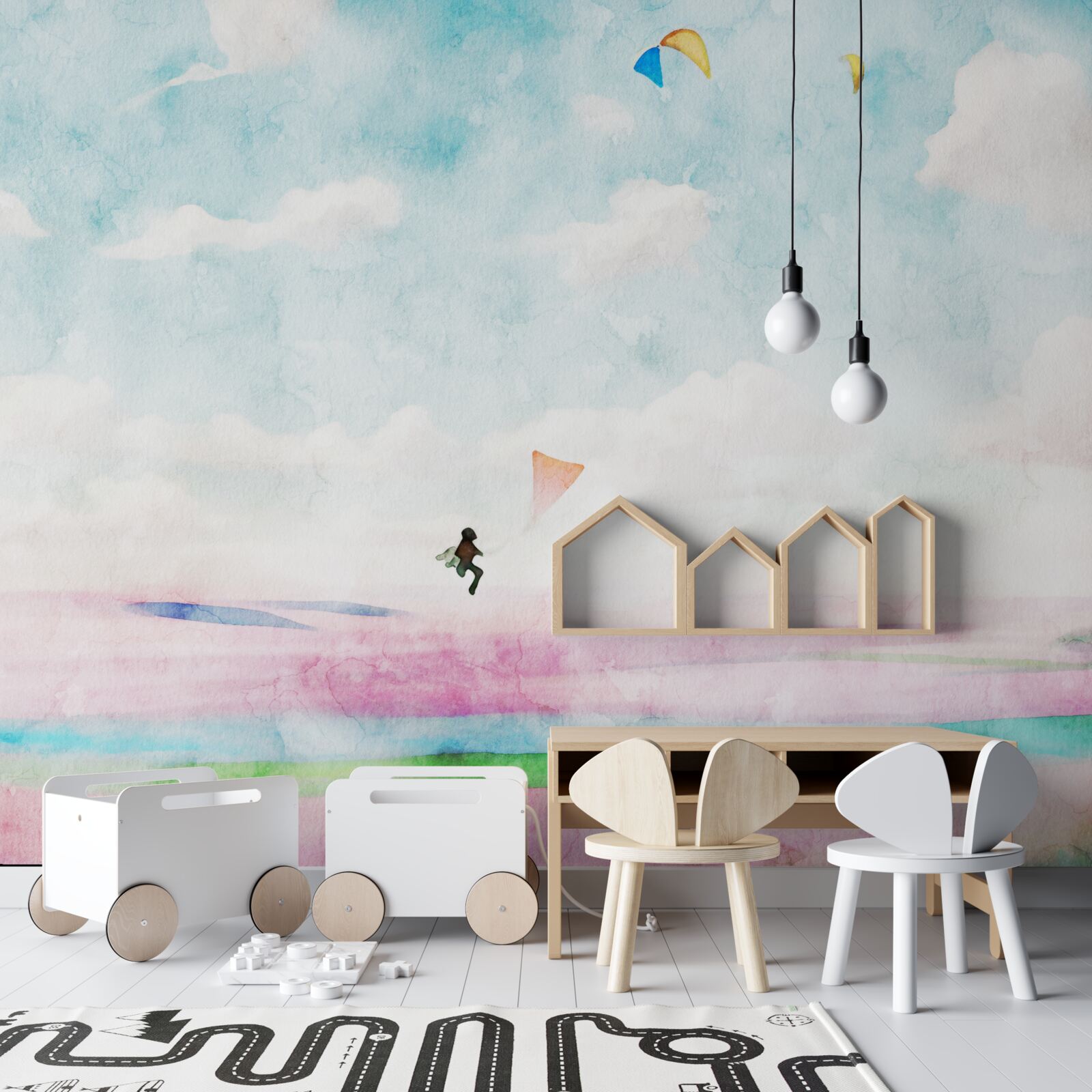 Fototapet zbor cu parapanta deasupra unei pajiști