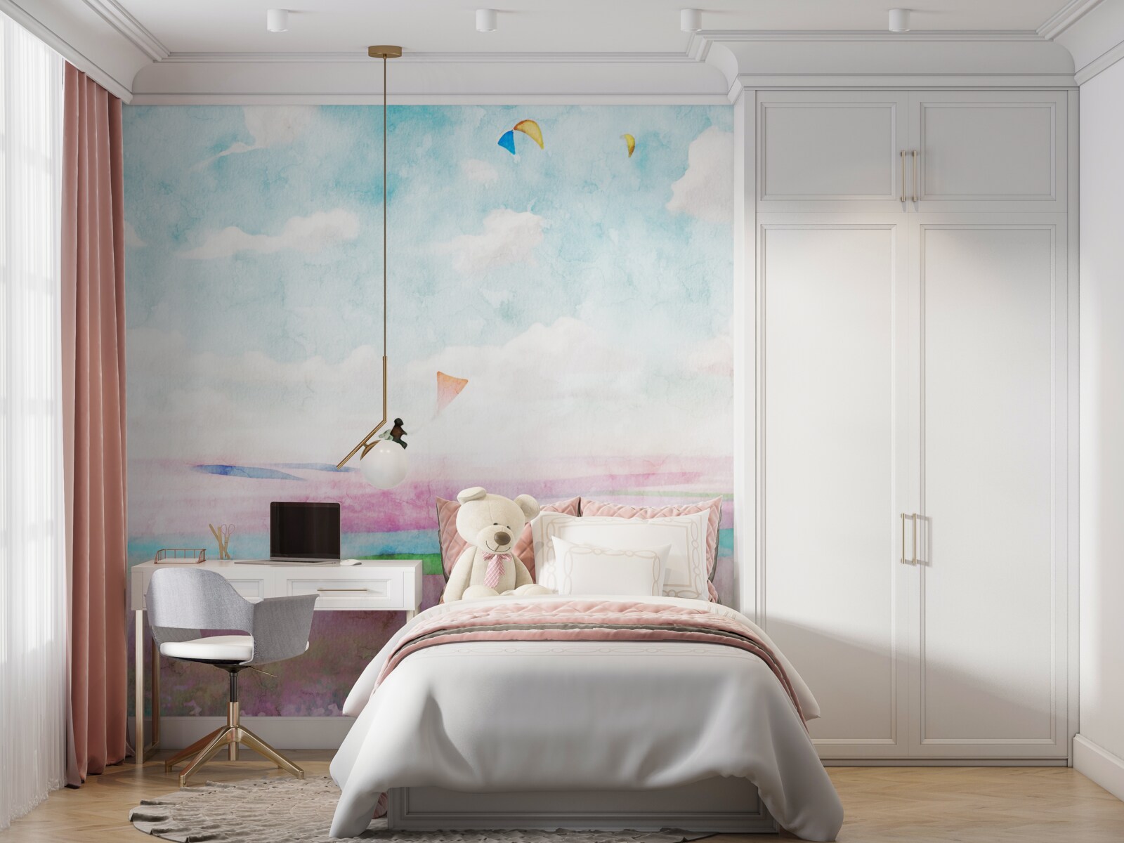 Fototapet zbor cu parapanta deasupra unei pajiști