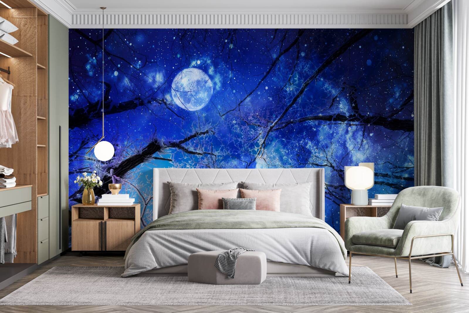 Fototapet cer strălucitor de noapte și lună