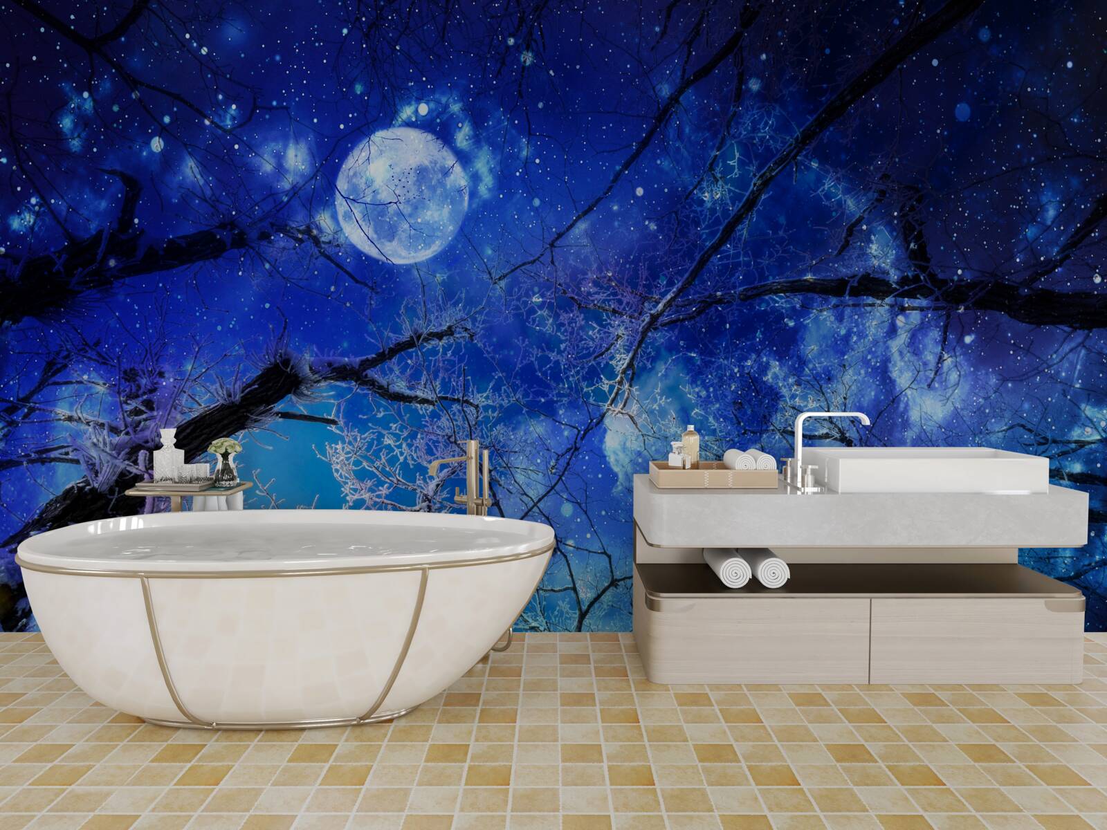 Fototapet cer strălucitor de noapte și lună