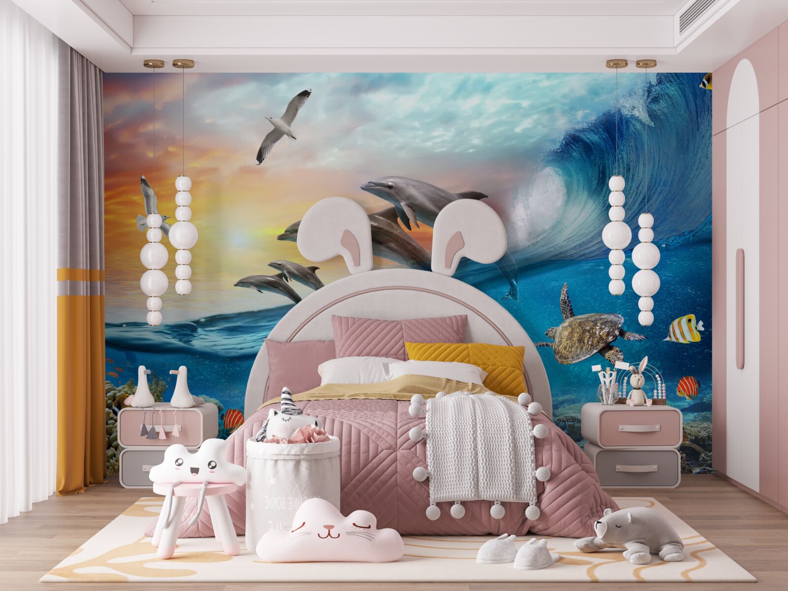 Fototapet delfinii sar din valuri