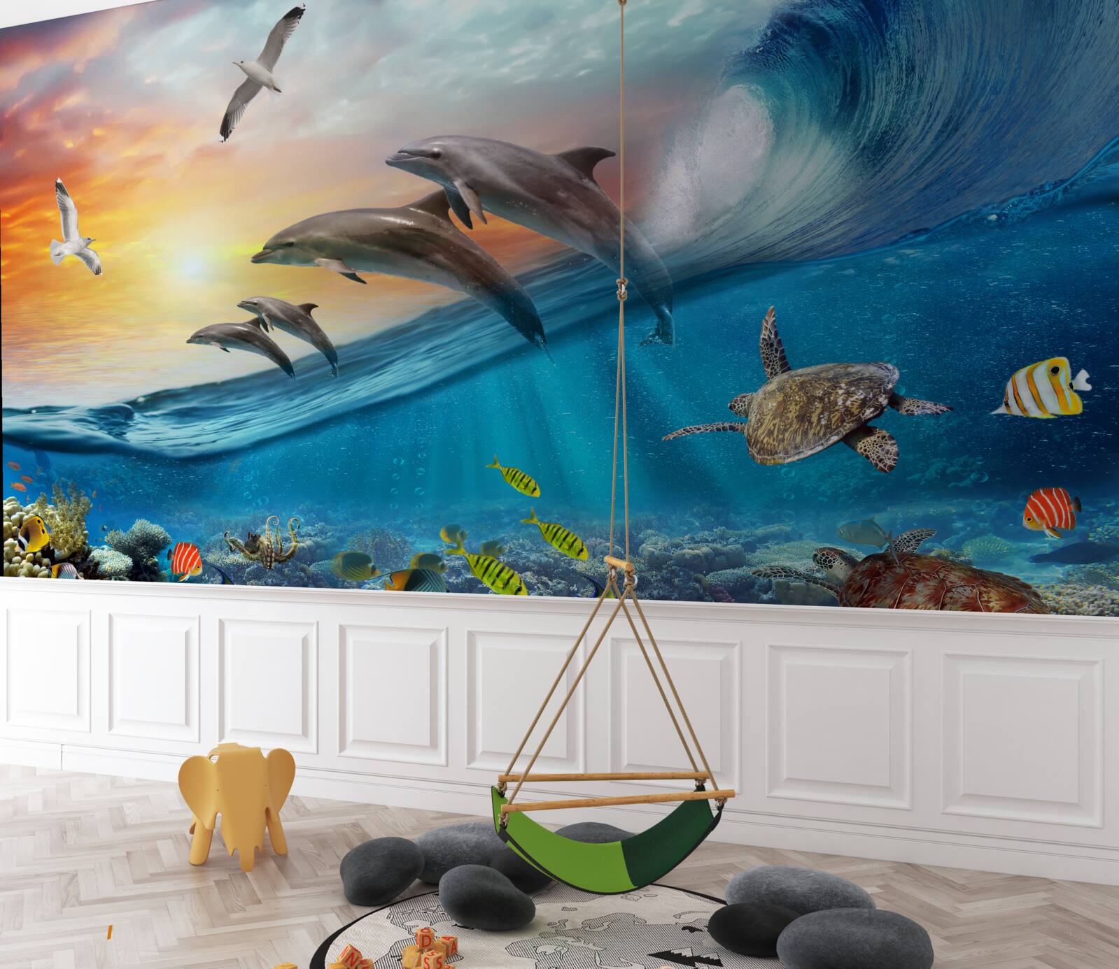 Fototapet delfinii sar din valuri