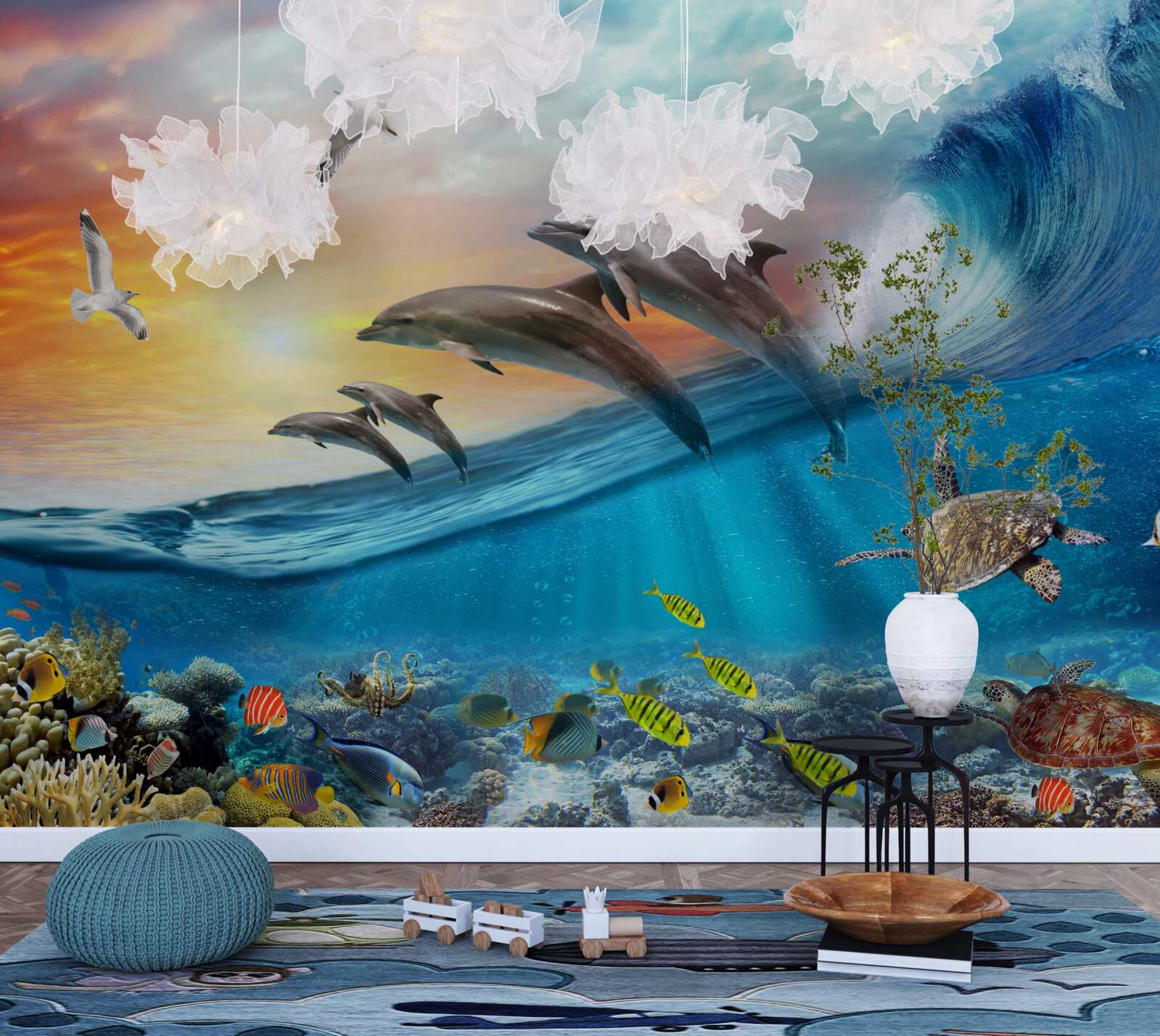 Fototapet delfinii sar din valuri