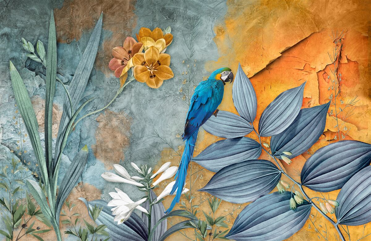 Fototapet pictură abstractă a unui papagal printre frunze