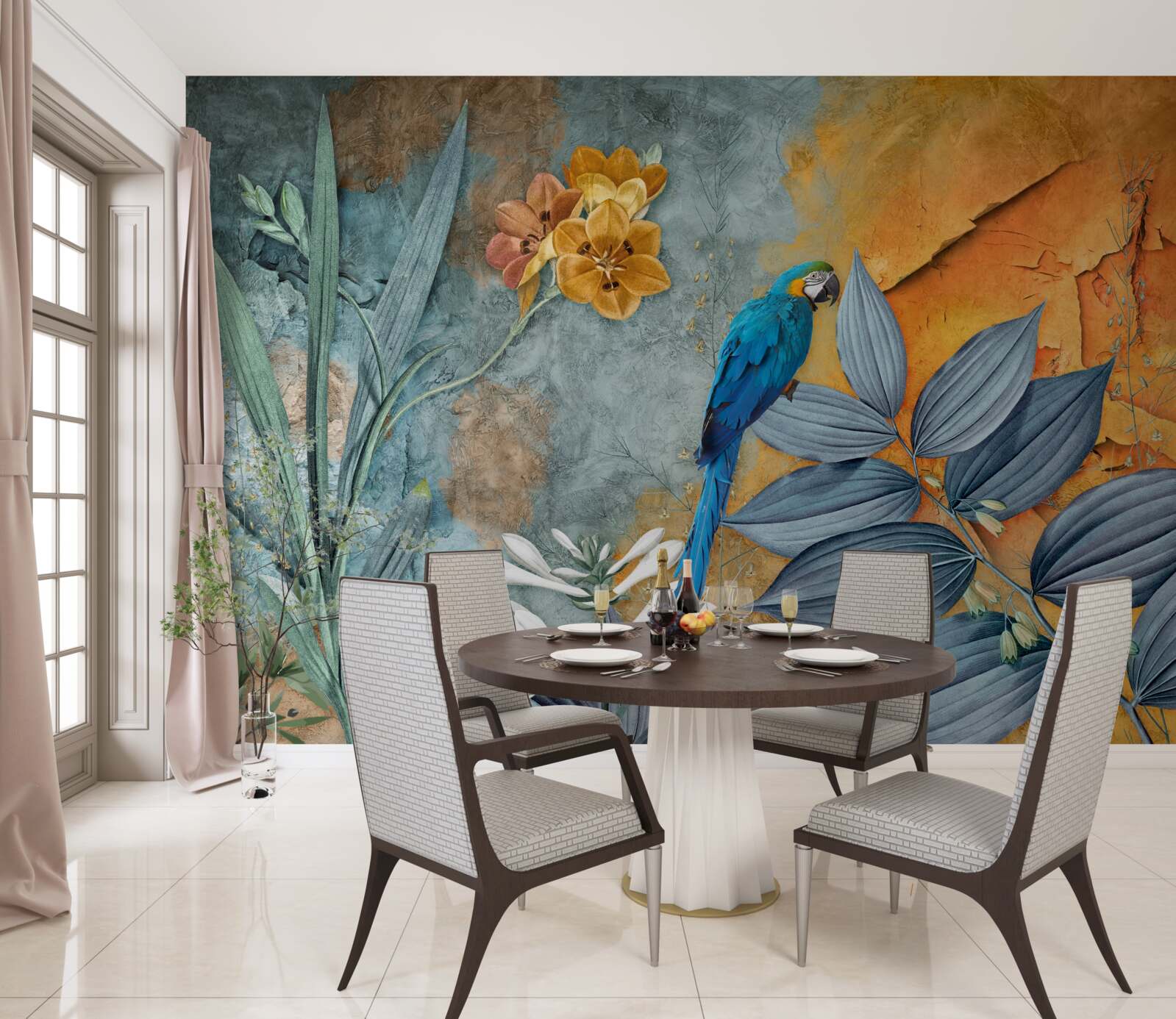 Fototapet pictură abstractă a unui papagal printre frunze