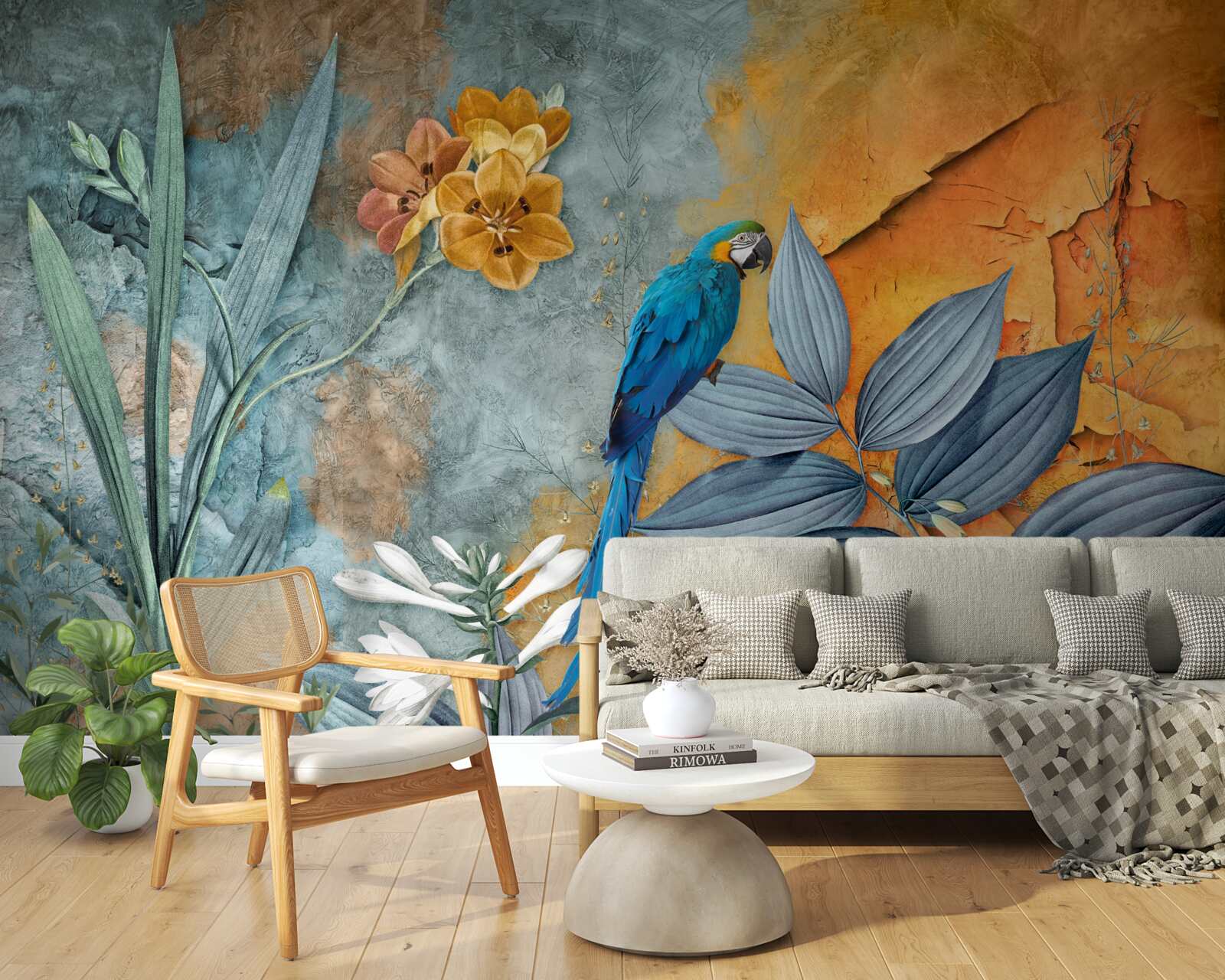 Fototapet pictură abstractă a unui papagal printre frunze