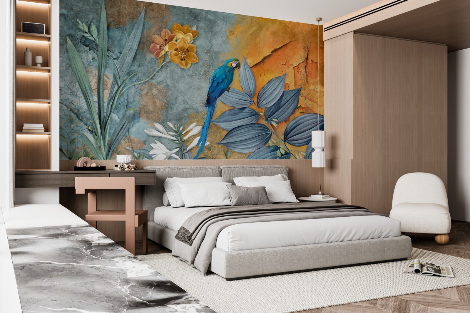 Fototapet pictură abstractă a unui papagal printre frunze