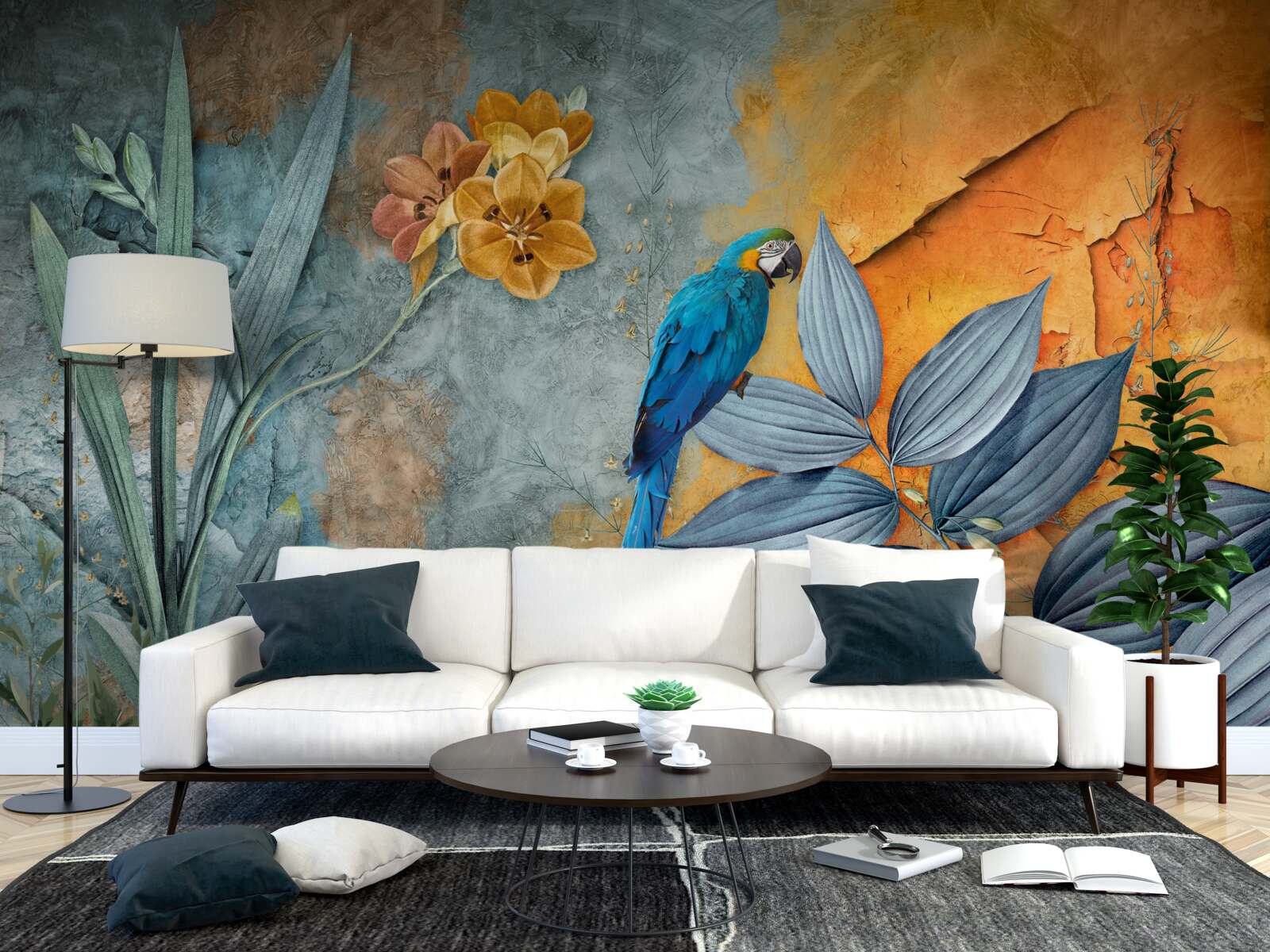 Fototapet pictură abstractă a unui papagal printre frunze