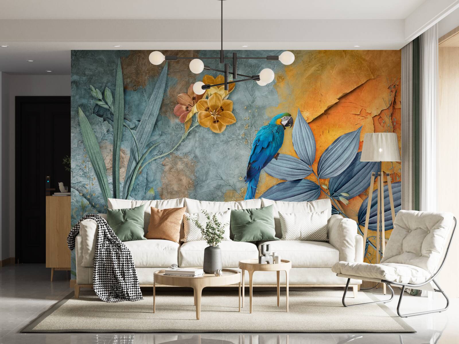 Fototapet pictură abstractă a unui papagal printre frunze