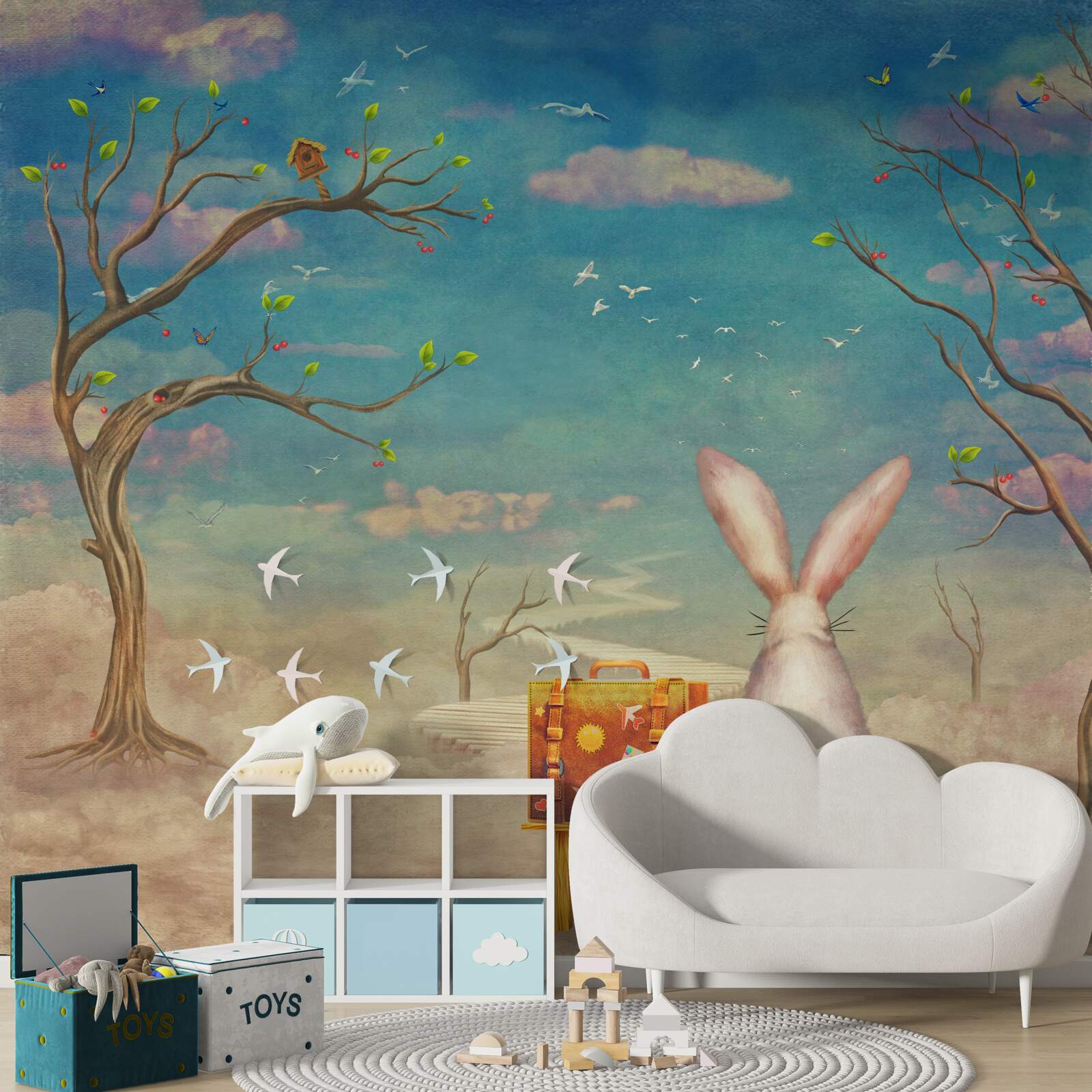 Fototapet un iepuraș stă pe o bancă și așteaptă