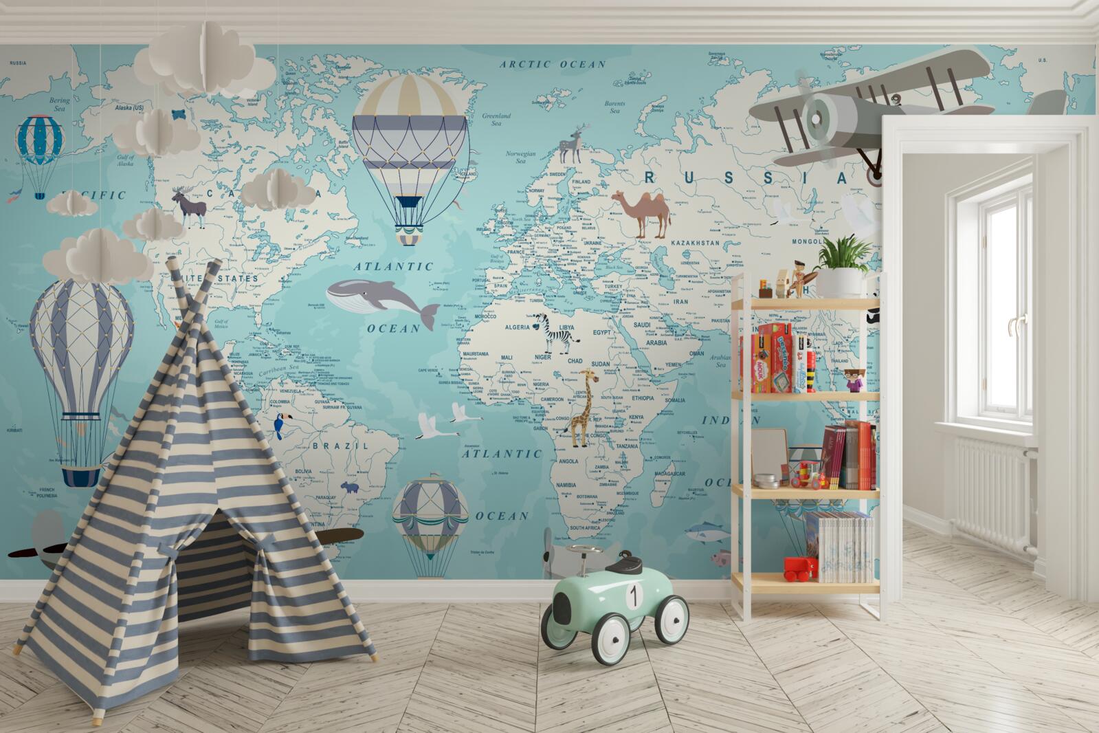 Fototapet hartă a lumii în nuanțe de albastru pentru un băiat