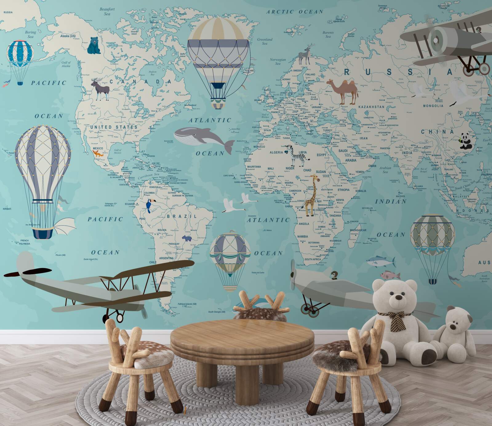 Fototapet hartă a lumii în nuanțe de albastru pentru un băiat