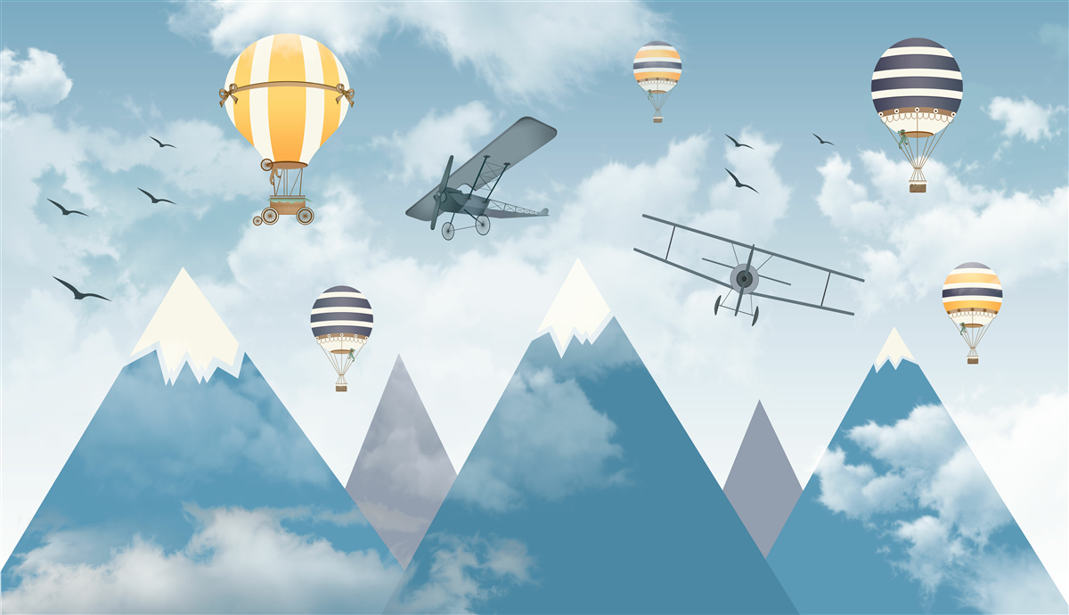 Fototapet zborul avioanelor și baloanelor deasupra lanțului muntos