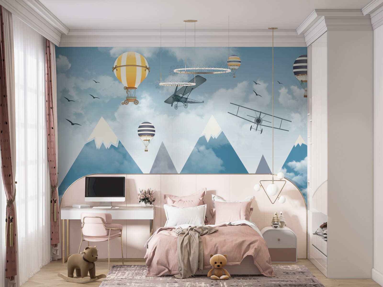 Fototapet zborul avioanelor și baloanelor deasupra lanțului muntos