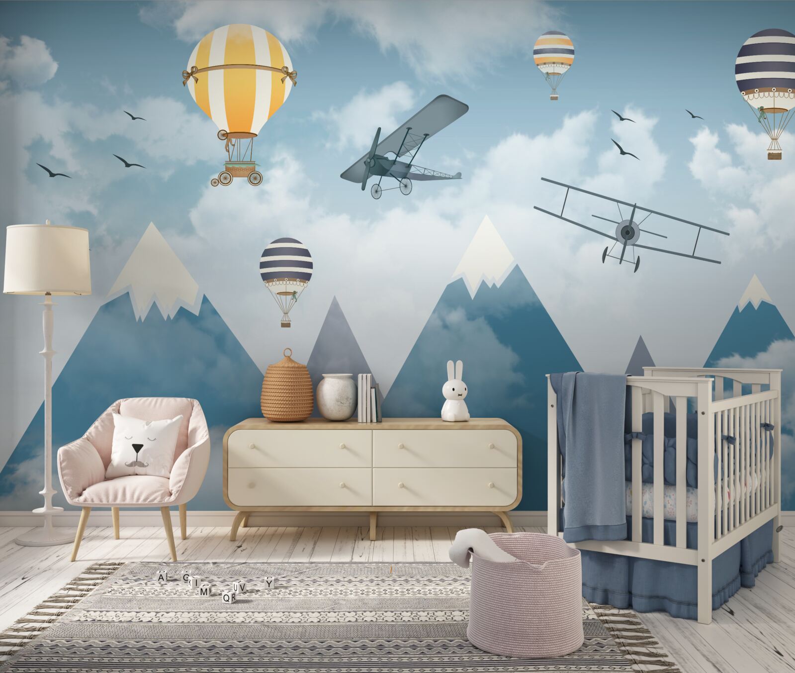 Fototapet zborul avioanelor și baloanelor deasupra lanțului muntos