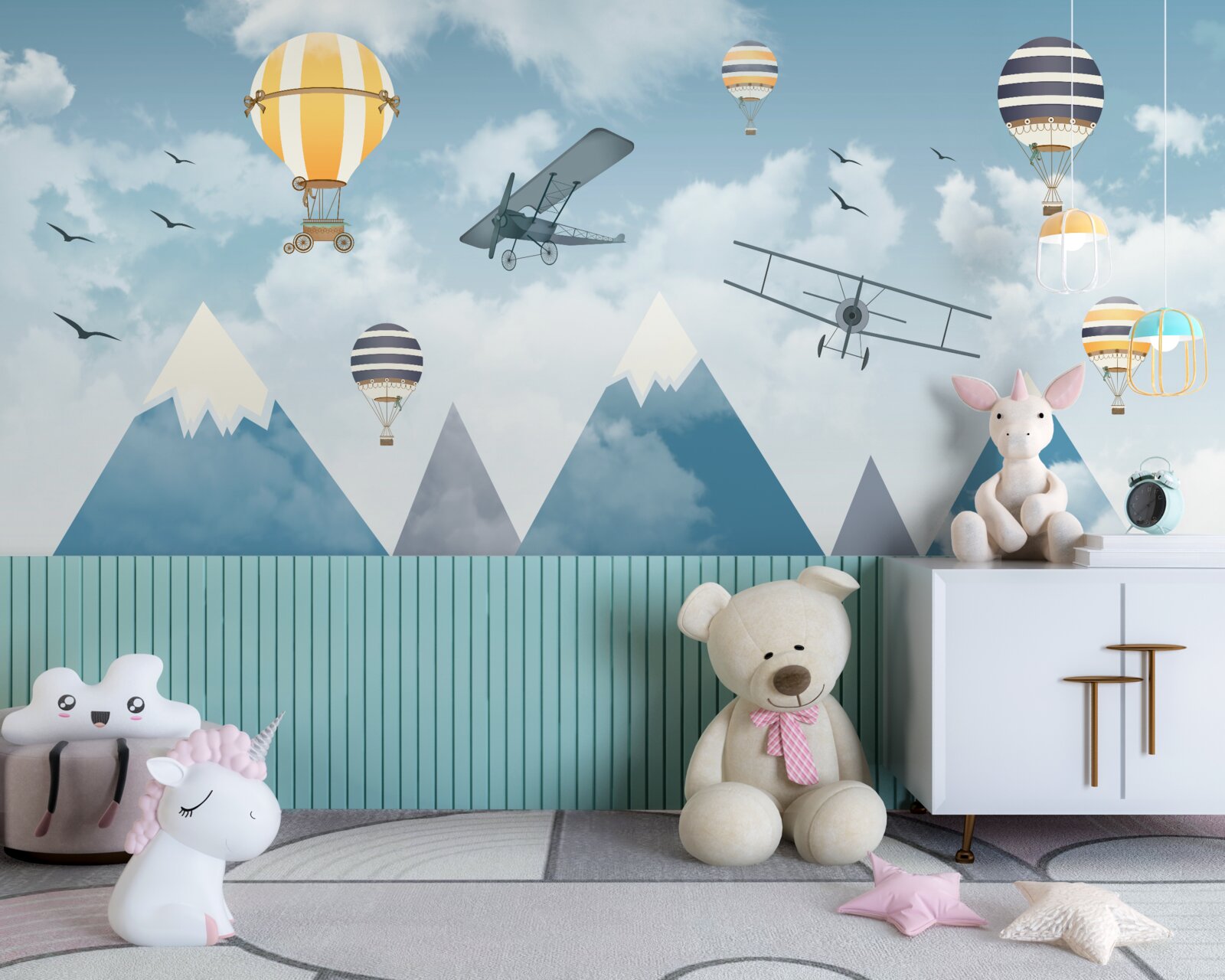 Fototapet zborul avioanelor și baloanelor deasupra lanțului muntos