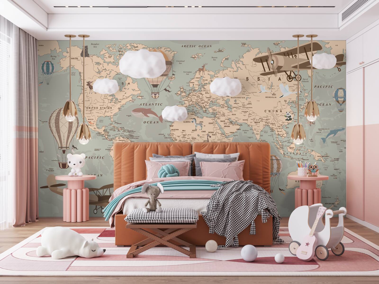 Fototapet hartă a lumii cu imagini de animale și transport