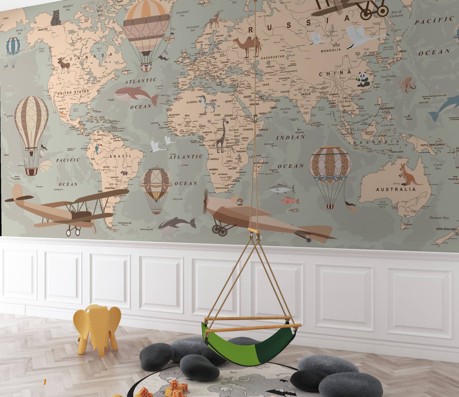 Fototapet hartă a lumii cu imagini de animale și transport