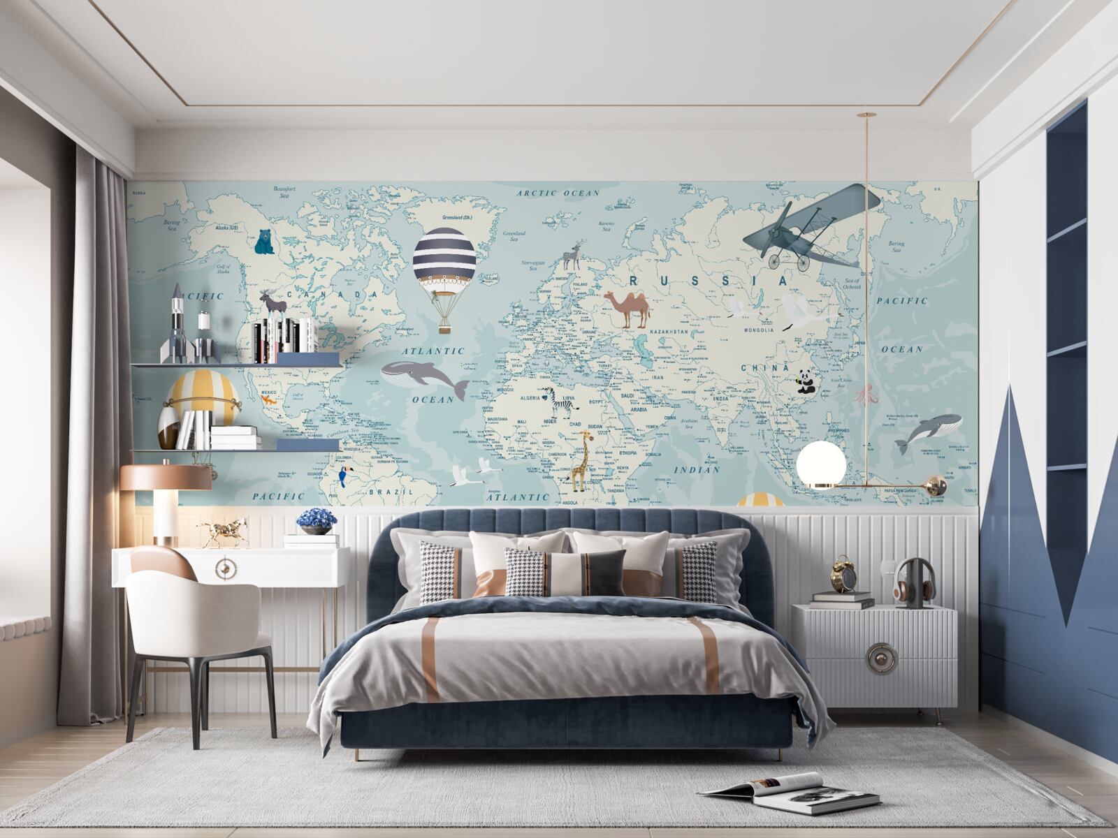 Fototapet harta lumii care prezintă transportul și animalele