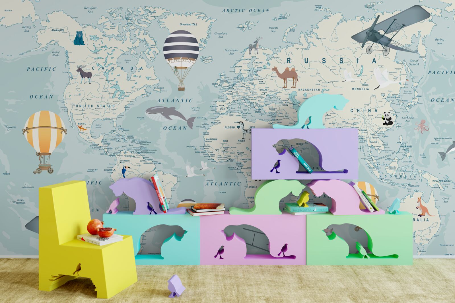 Fototapet harta lumii care prezintă transportul și animalele