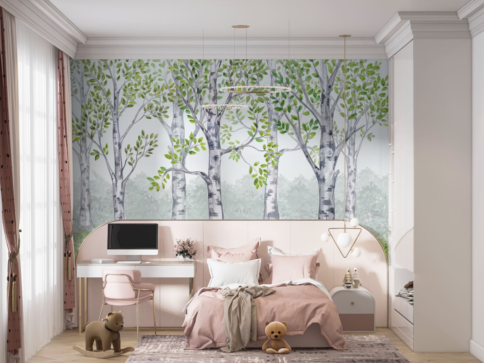 Fototapet acuarelă reprezentând o livadă de mesteceni