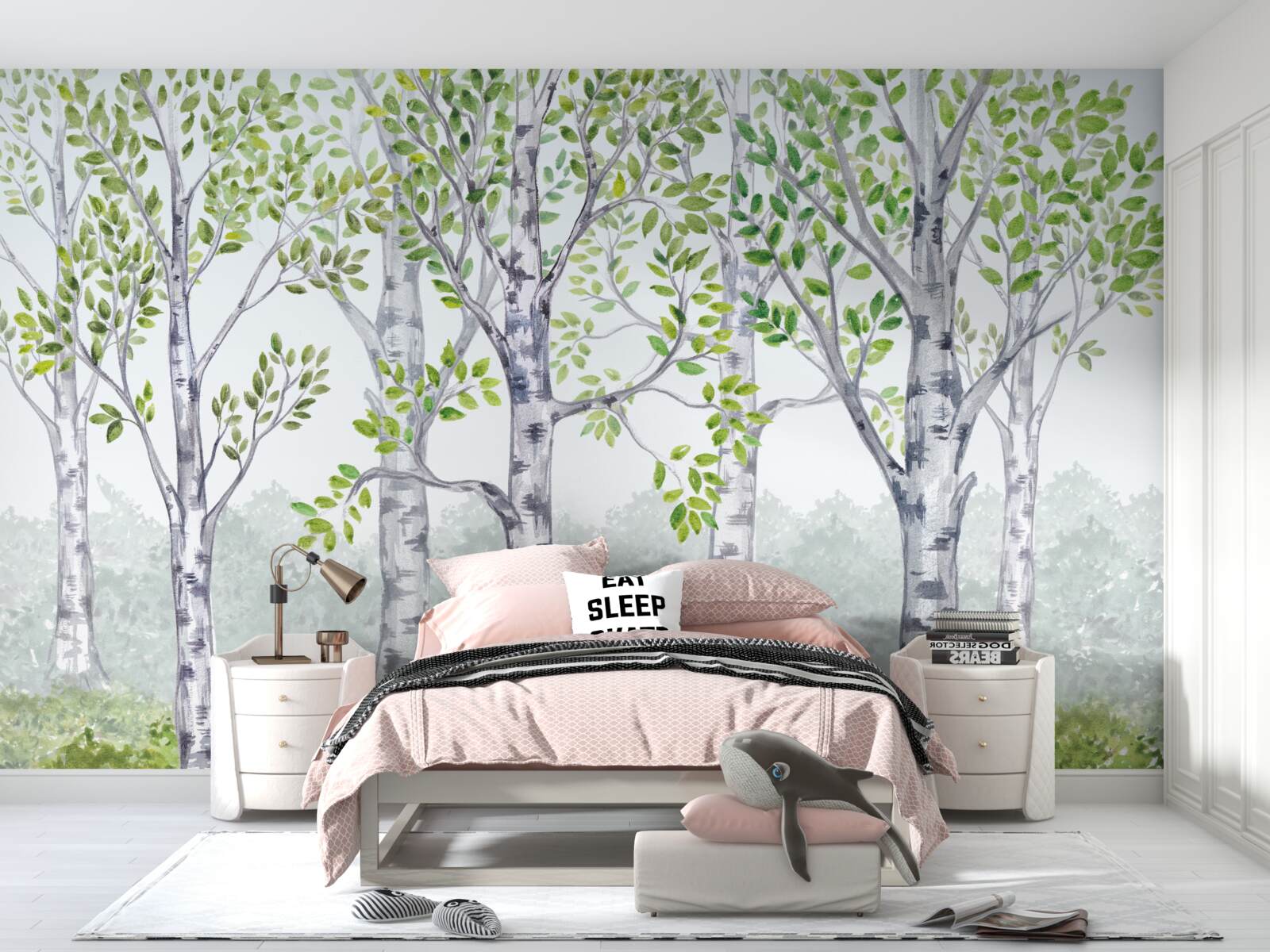 Fototapet acuarelă reprezentând o livadă de mesteceni