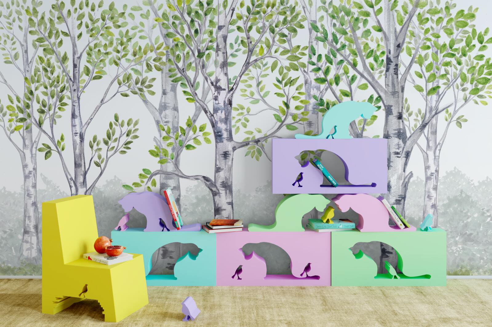 Fototapet acuarelă reprezentând o livadă de mesteceni