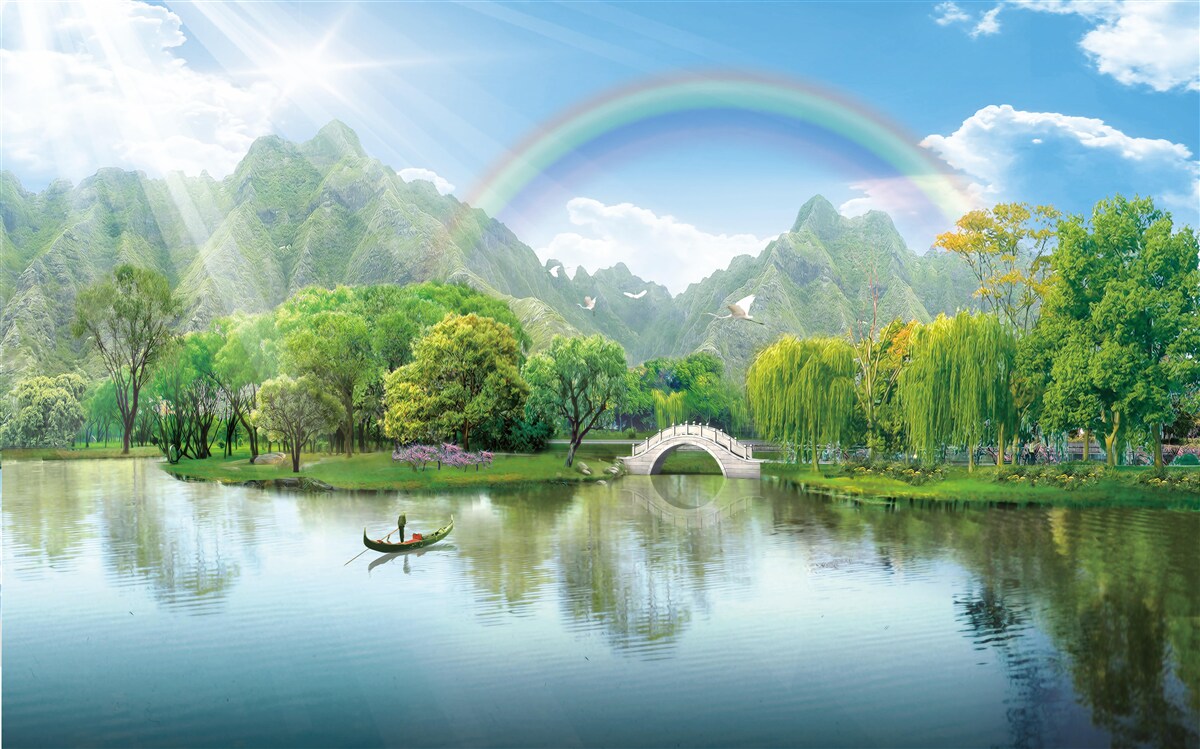 Fototapet Lac de munte japonez cu un curcubeu deasupra lui