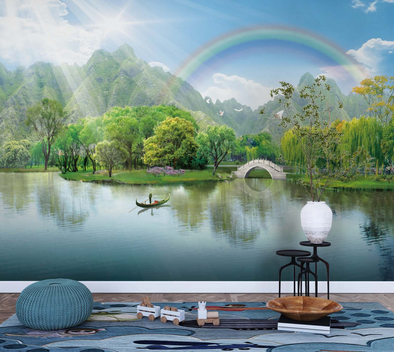 Fototapet Lac de munte japonez cu un curcubeu deasupra lui