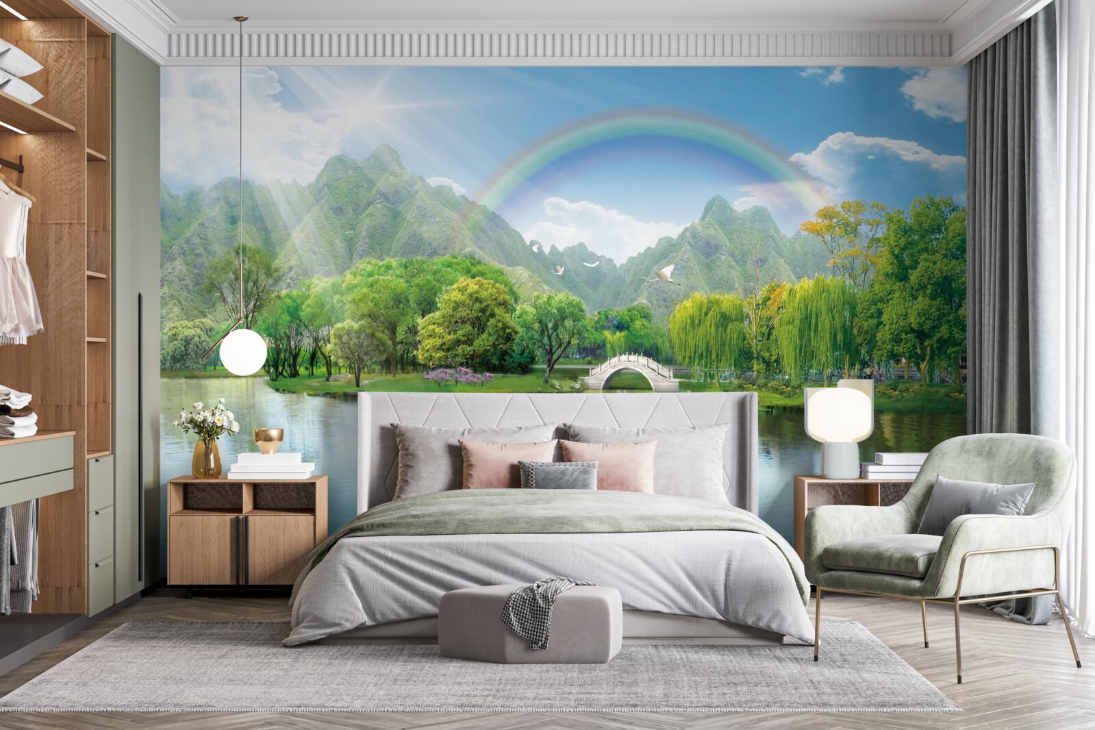 Fototapet Lac de munte japonez cu un curcubeu deasupra lui