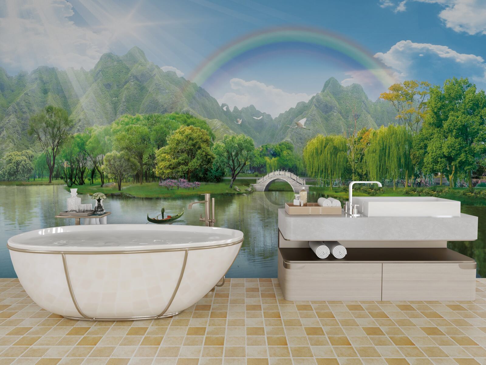 Fototapet Lac de munte japonez cu un curcubeu deasupra lui