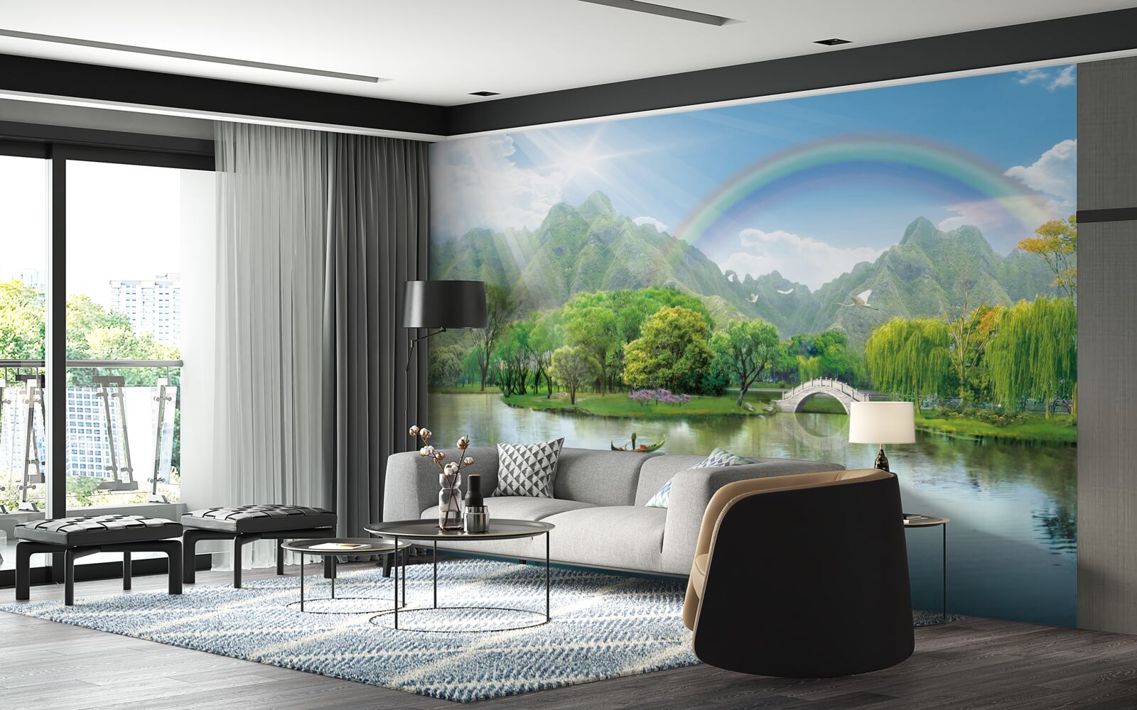 Fototapet Lac de munte japonez cu un curcubeu deasupra lui