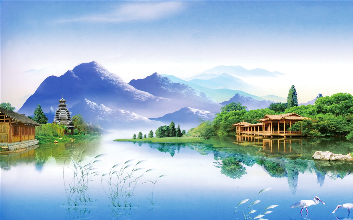 Fototapet lac de munte în peisajul de vară