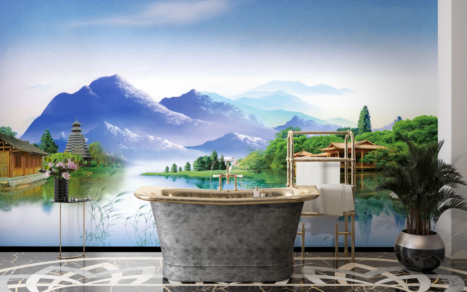 Fototapet lac de munte în peisajul de vară