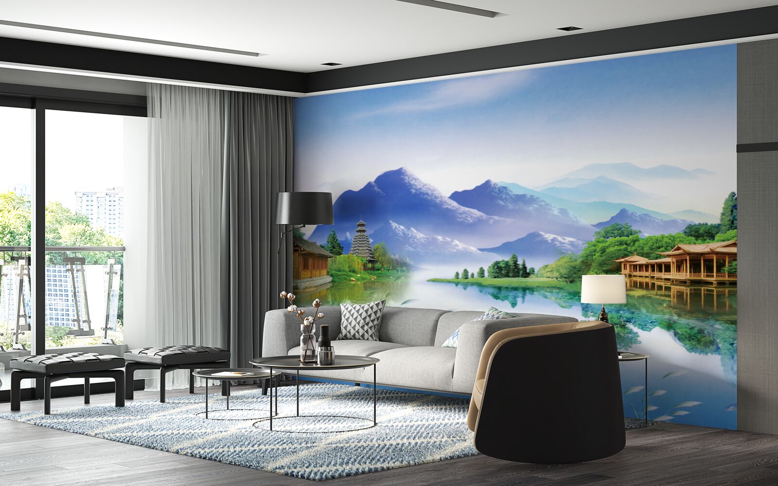 Fototapet lac de munte în peisajul de vară