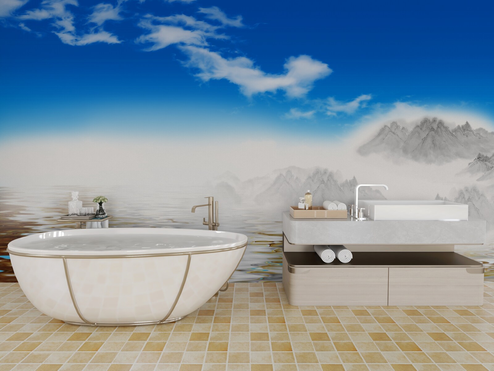 Fototapet apă liniștită sub munți