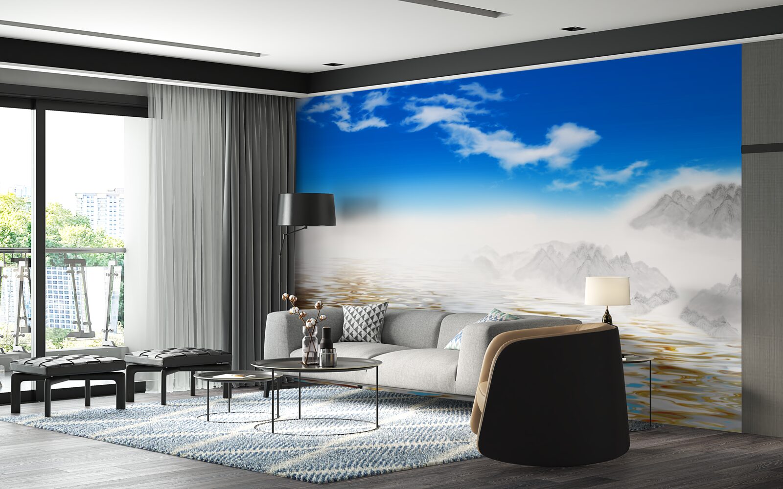 Fototapet apă liniștită sub munți