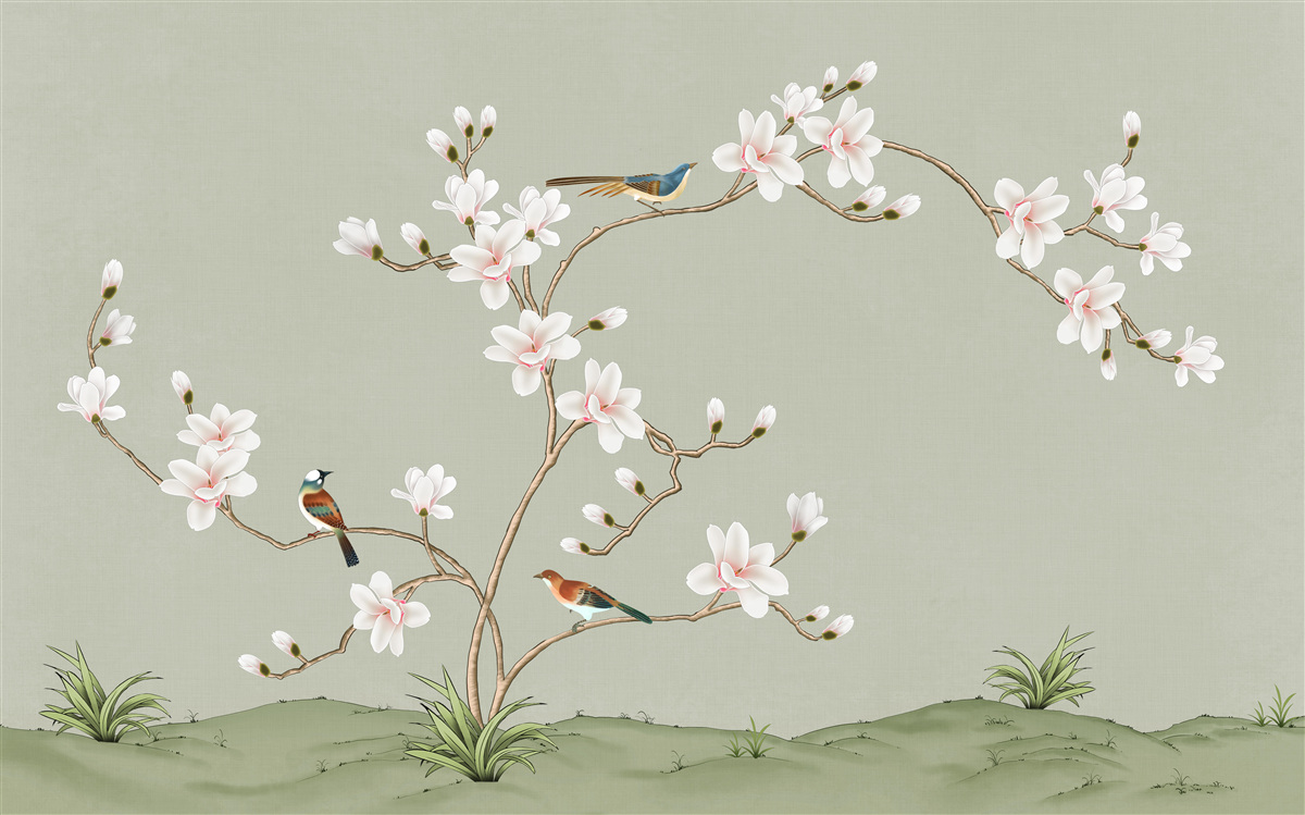 Fototapet copac elegant decorat cu flori și înconjurat de păsări